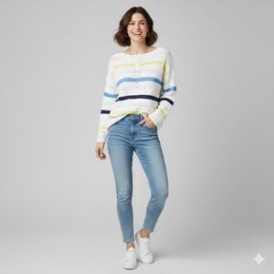 Northern Reflections White Sweater with Blue and Yellow Stripes